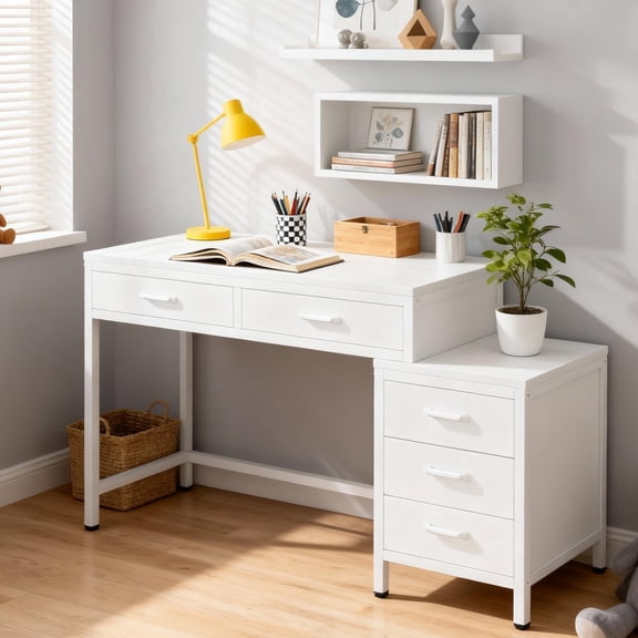 KIOOTTO 51" Computer Desk with 5 Drawers and Reversible File Cabinet, Small Space Writing Desk with Printer Stand, White