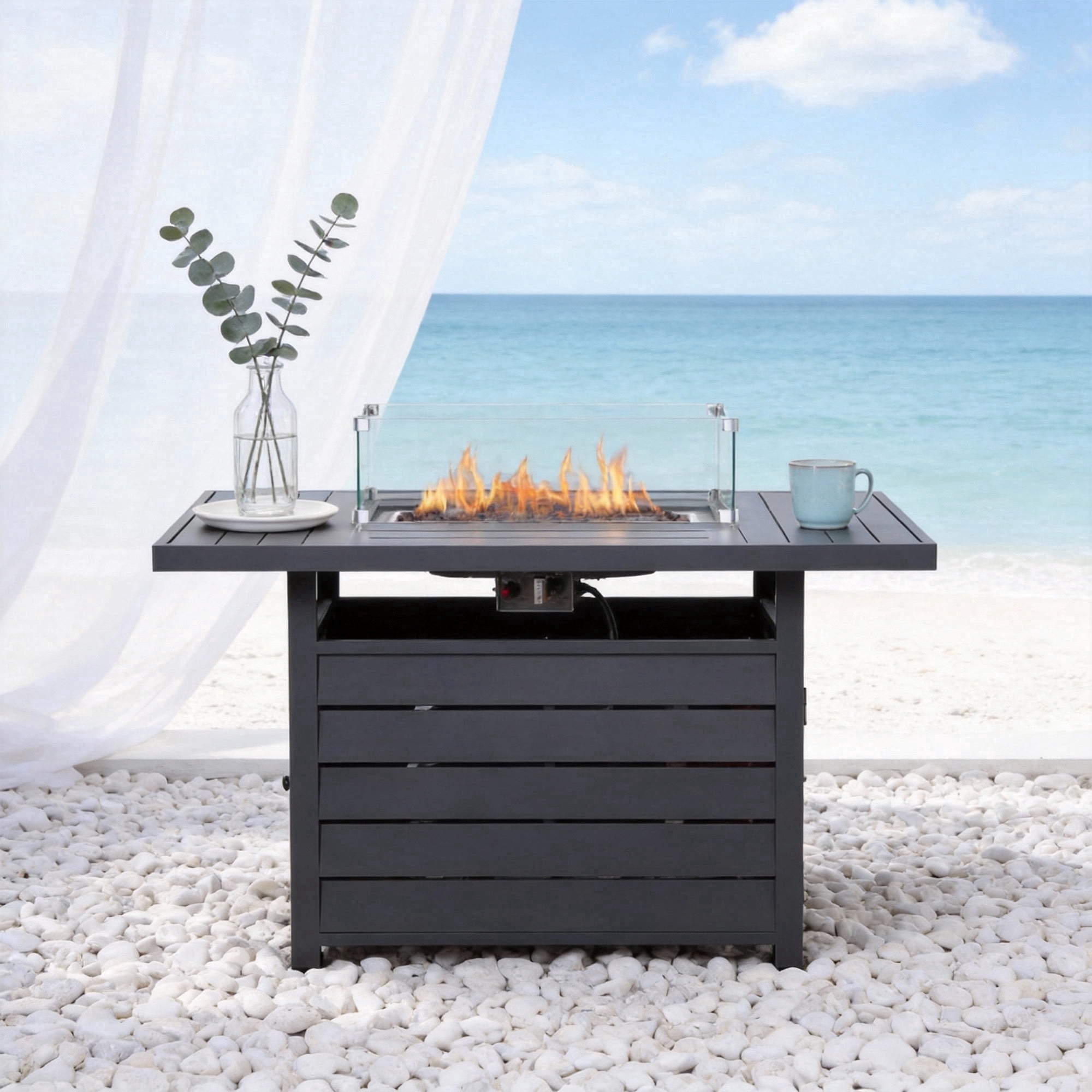 KIOOTTO 54" Aluminum Outdoor Gas Fire Pit Table, 50,000 BTU Propane Fire Table with Glass Shield & Lid, Rust-Free Rectangular Patio Coffee Table, Dark Gray