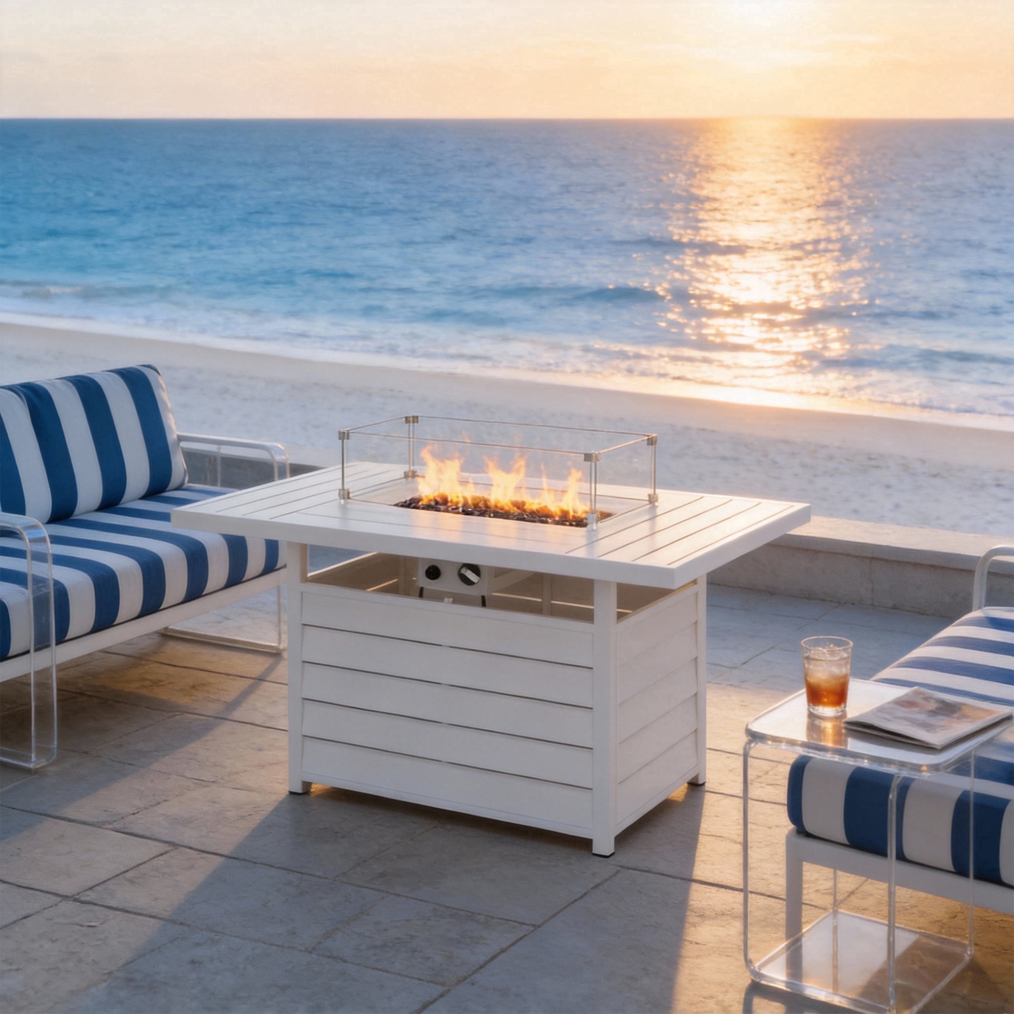 KIOOTTO 54" Outdoor Propane Fire Pit Table, 50,000 BTU Aluminum Gas Fire Table with Glass Wind Guard & Cover, CSA Certified, White