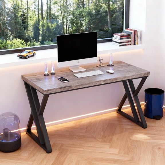 KIOOTTO 55" Modern Computer Desk, Z-Shaped Metal Writing Desk for Home Office, Rustic Grey