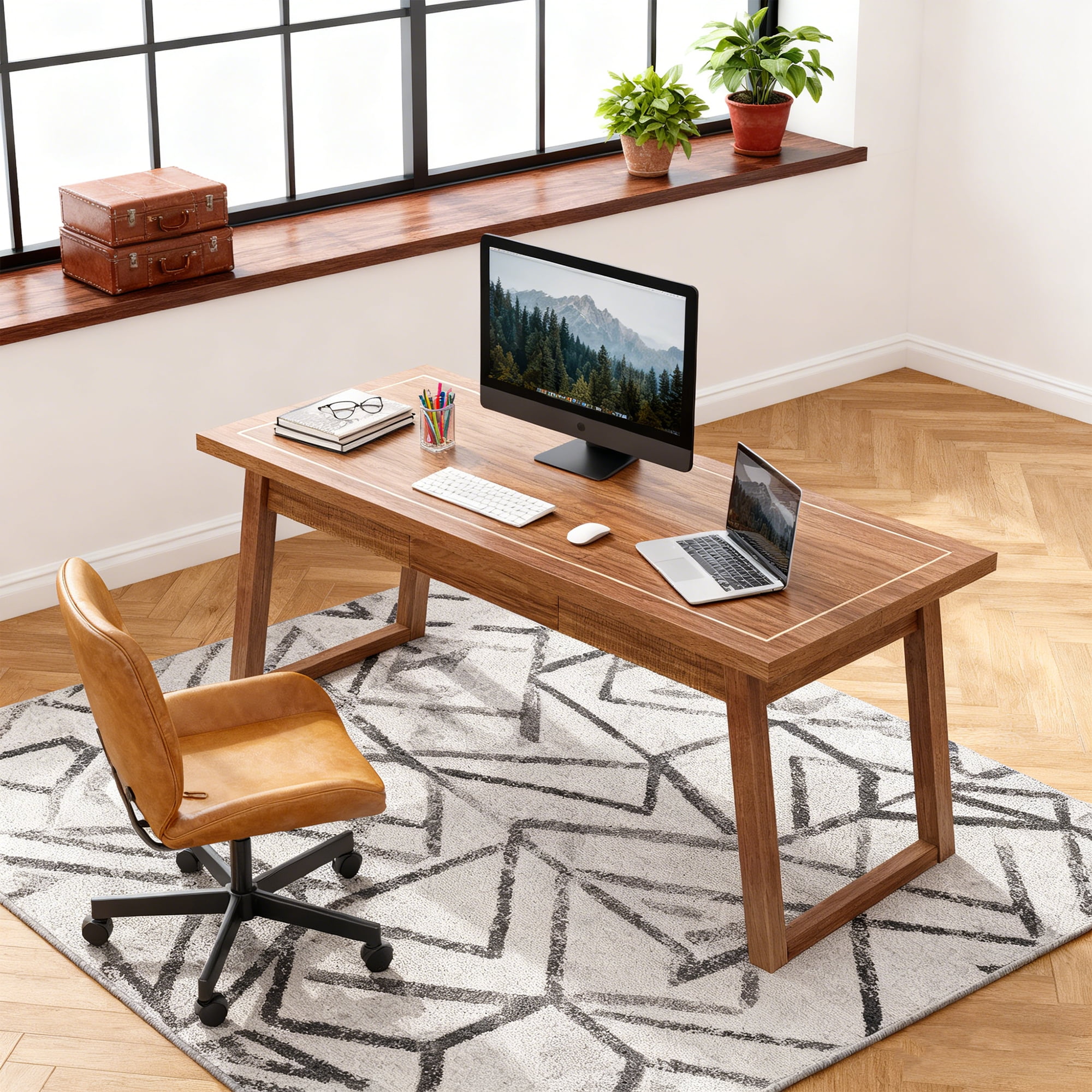 KIOOTTO 55" Executive Desk with Solid Wood Legs and 1 Drawer, Mid-Century Computer Desk, Walnut Brown