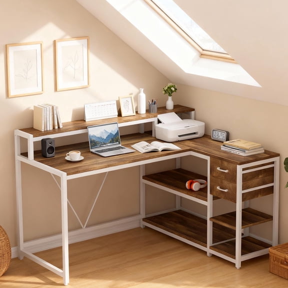 KIOOTTO 55" Oatmeal Birch L-Series Command Center  Integrated Dual-Tier Workspace with Panoramic Ergonomic Monitor Riser and 6-Zone Silent-Glide Storage Suite in Alabaster White