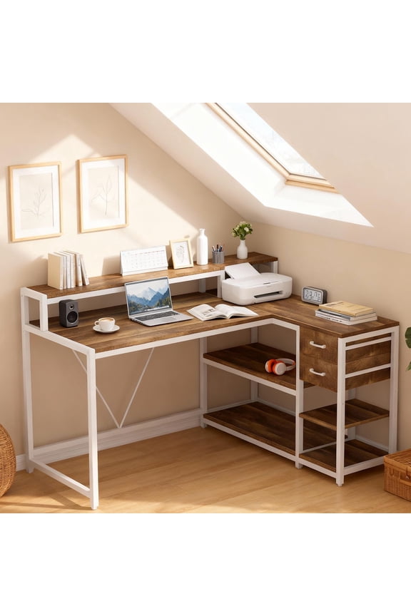 55" Oatmeal Birch L-Series Command Center Integrated Dual-Tier Workspace with Panoramic Ergonomic Monitor Riser and 6-Zone Silent-Glide Storage Suite in Alabaster White