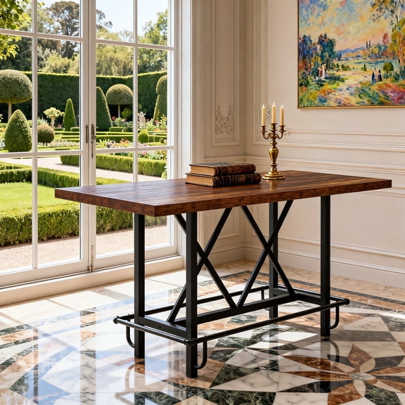 KIOOTTO 63" Charred Bourbon Executive Bar-Height Command 160cm Industrial Social Pavilion with Reinforced Ergonomic Footrest and High-Density Timber Grain in Hammered Iron