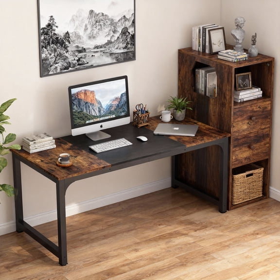 KIOOTTO 63" Executive Office Desk: rustic brown wood grain top, 2"x2" steel frame, E1 wood, spacious surface. Ideal for home/corporate use, combines style and performance.