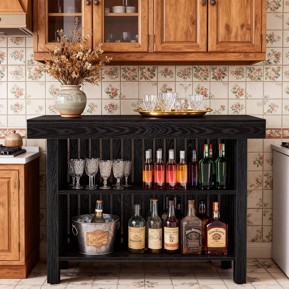 KIOOTTO Paramount Series: 63" (160cm) T-Shaped Midnight Obsidian Home Bar Cabinet, Architectural Tall Pub Table with Integrated Ergonomic Footrest & Multi-Tier Professional Mixology Storage