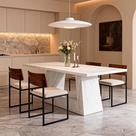 KIOOTTO 63" Rectangular Dining Table for 4-6, White Modern Kitchen Table with Wood Base