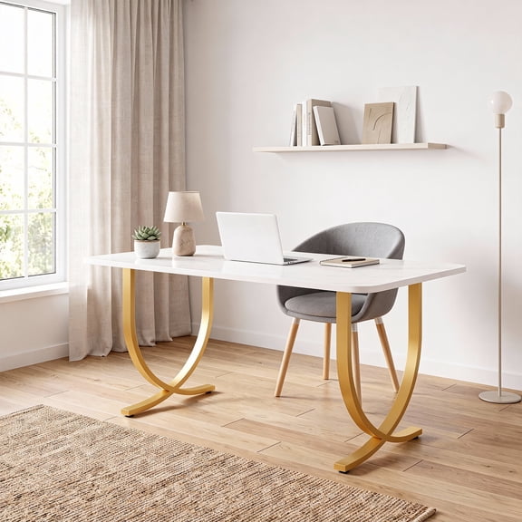 KIOOTTO 63" Executive Office Desk, Faux Marble Computer Workstation with Gold Metal Frame, White