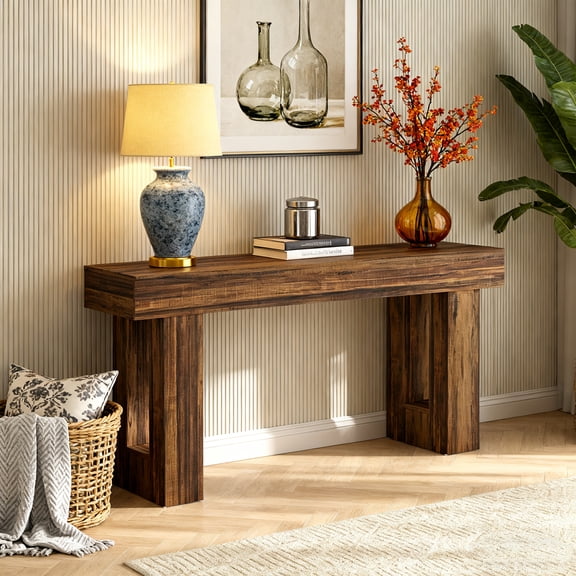 KIOOTTO 63” Rustic Brown Farmhouse Console Table - Solid Wood Grain Rectangular Sofa Table for Entryway, Hallway, Living Room & Dining Room.