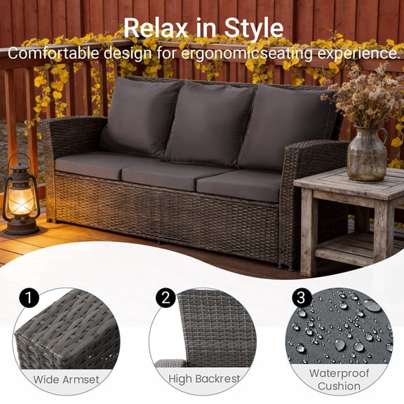 KIOOTTO 67.7" All-Weather Wicker Patio Sofa, 3-Seat Outdoor Couch with Black Cushions & Black Frame, Modern Monochrome Sectional