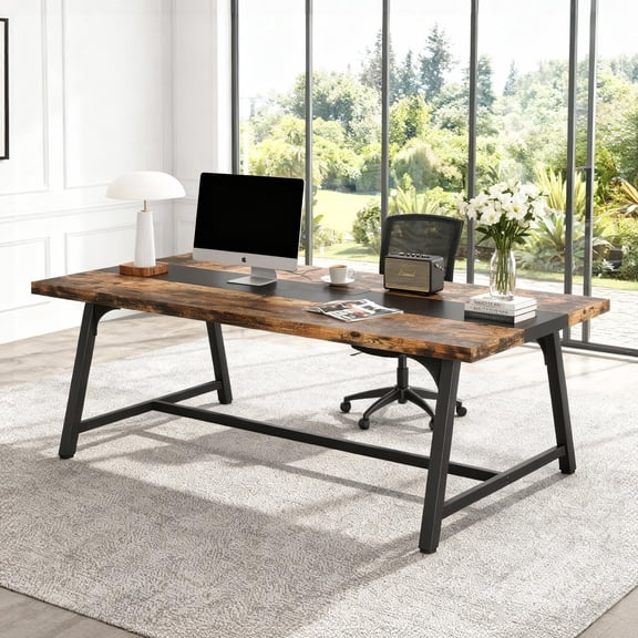 KIOOTTO 6FT Modern Conference Table: rustic brown & black finish, seats 6-8, 1.57"x1.57" metal frame, 18-month warranty. Quick assembly for offices/co-working spaces.