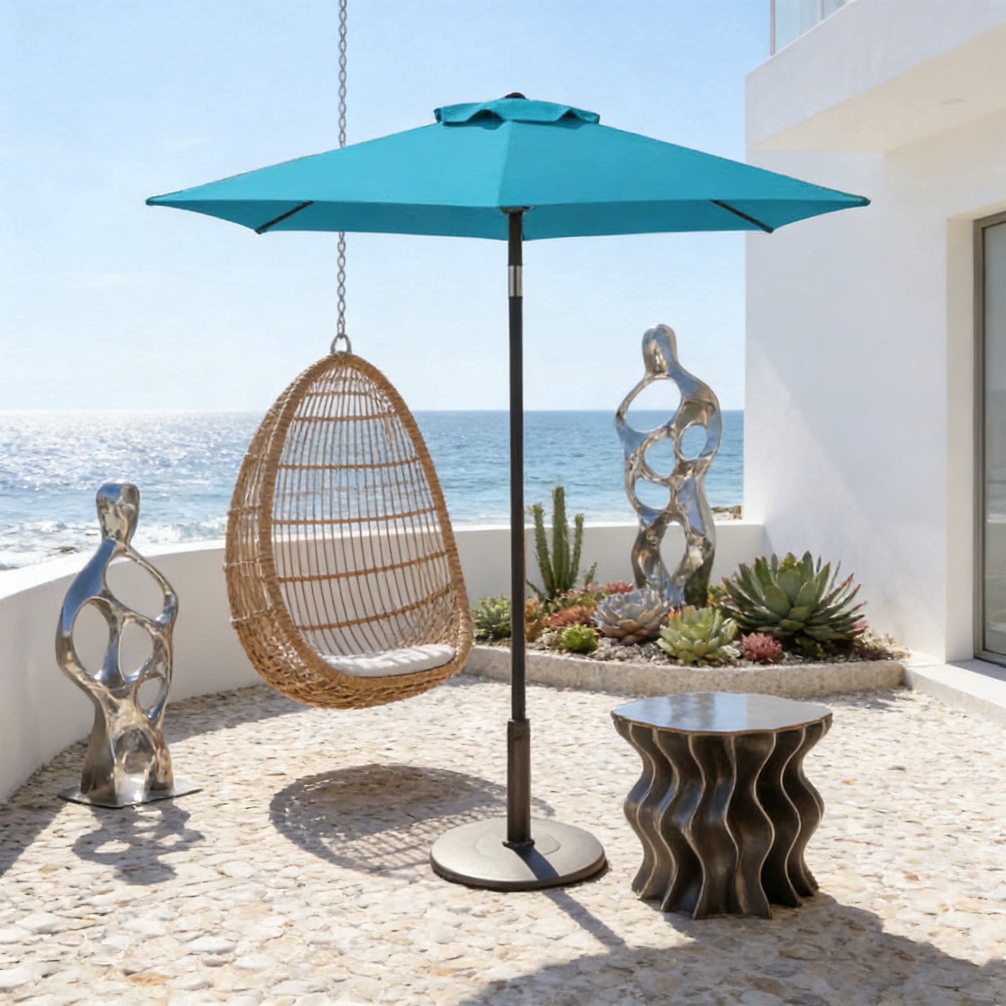 KIOOTTO 7.5 Ft Outdoor Patio Umbrella with Crank & Push Button Tilt, UV-Resistant Market Table Umbrella for Deck, Pool & Backyard, Blue (Base Not Included)