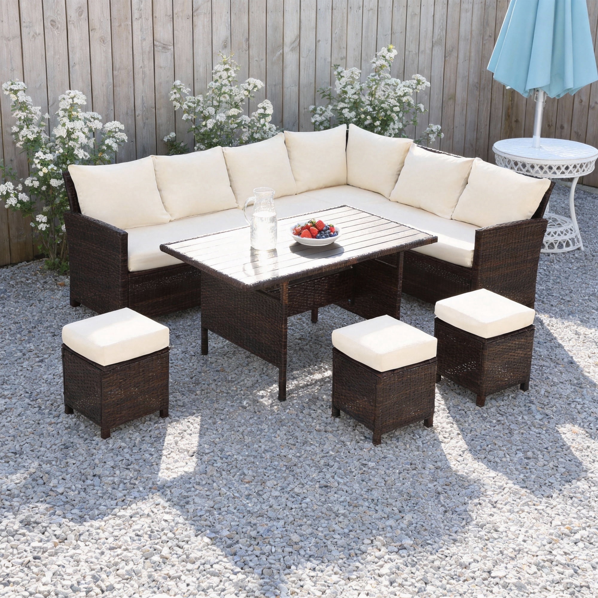 KIOOTTO 7-Piece Brown PE Wicker Patio Dining Set, 8-9 Seater, WPC Table ...