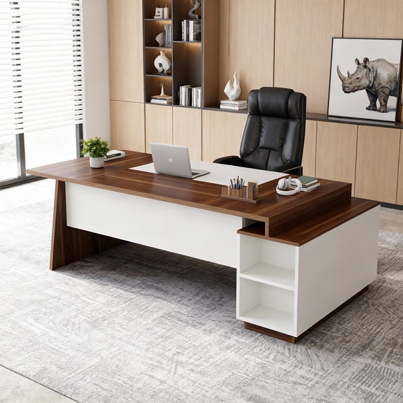 KIOOTTO 70.5 L-Shaped Executive Desk: mid-century modern walnut/white finish, spacious surface, storage/shelves. Durable engineered woodideal for home/professional use, blends style and function.