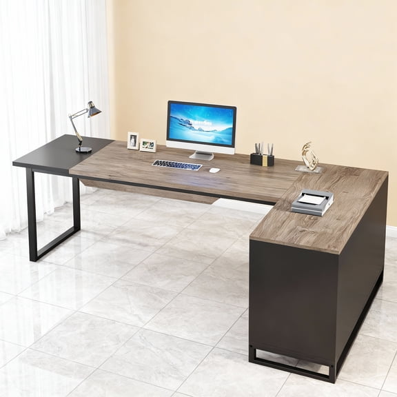 KIOOTTO 70.8" L-shaped desk + 55" file cabinet: industrial style, dual-zone workspace, ample storage. Durable wood/steel, Retro Gray & Black finishideal for home/corporate use.