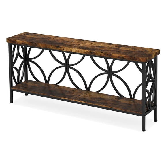 KIOOTTO 70.9 in. 2-Tier Console Table, Decorative Metal Frame, Rustic Brown and Black