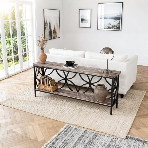 KIOOTTO 70.9" Long Industrial Console Table, Vintage Grey Sofa Table with Open Shelves, Narrow Entryway Hallway Table with Metal Frame for Foyer Living Room