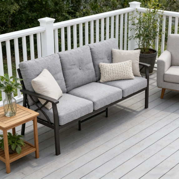 KIOOTTO 70 Inch 3-Seater Patio Sofa, All-Weather Khaki Metal Outdoor Couch with Gray Cushions, Sectional-Style Seating for Garden, Backyard