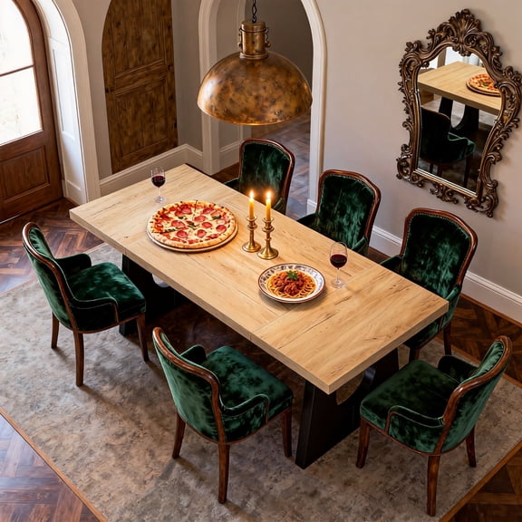 KIOOTTO 71" Farmhouse Dining Table in Oak & Black, Large Rustic Kitchen Table for 6-8 with Solid Wood Legs, Vintage Centerpiece for Dining Room & Living Room