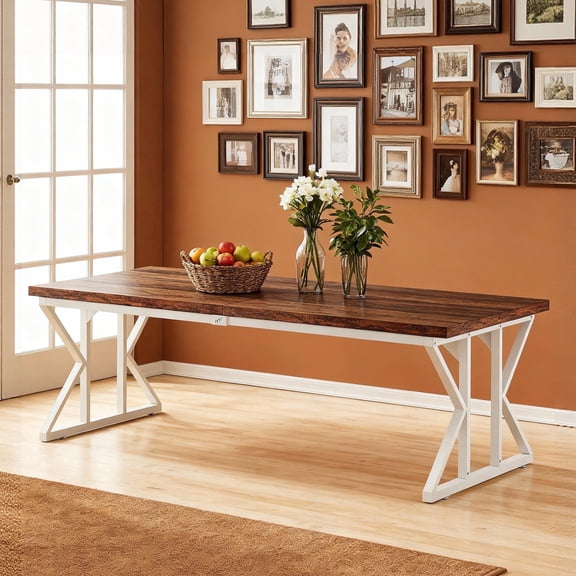 KIOOTTO 79" Rectangular Dining Table for 6-8, White Farmhouse Kitchen Table with Trestle Base