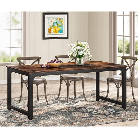 KIOOTTO 71" industrial dining table: rustic brown woodgrain, black steel frame, seats 6-8. Durable and versatile for dining or home office use.
