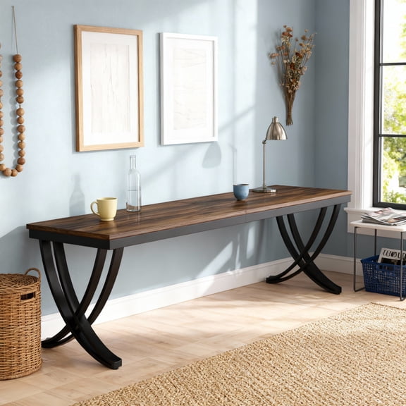KIOOTTO 78" Two Person Computer Desk with Curved X-Shaped Legs, Extra Long Double Workstation, Rustic Brown