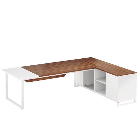 KIOOTTO 78.7-inch L-Shaped Executive Desk with Storage Cabinet: cream white/walnut finish, spacious surface, integrated storage. Elegant, durable, and functionalideal for home or professional use.