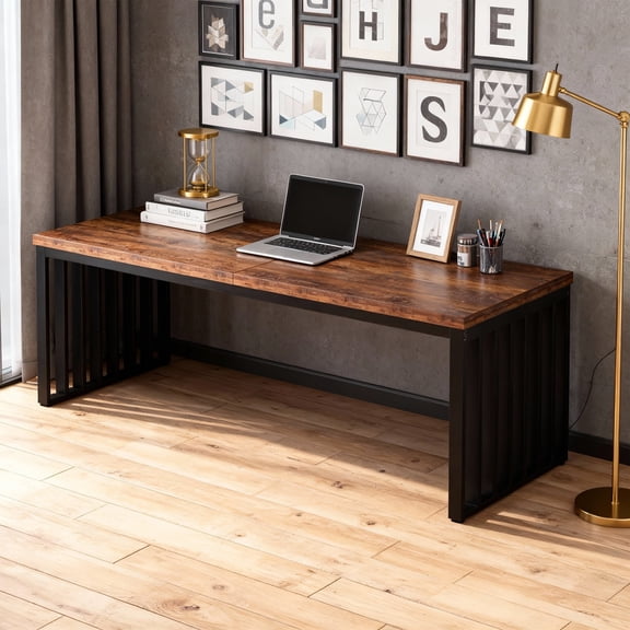 KIOOTTO 79" Two Person Computer Desk, Extra Long Double Workstation for Home Office, Industrial Writing Desk with Sturdy Metal Frame & Scratch-Resistant Top, Black
