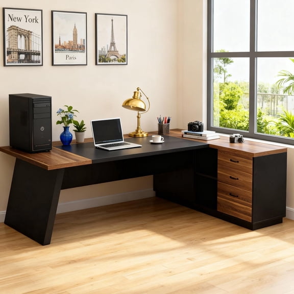 KIOOTTO 79" L-Shaped Executive Desk, Double Pedestal Corner Computer Desk with File Storage, Antique Walnut & Black