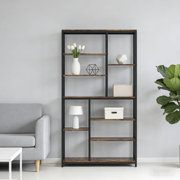 KIOOTTO 79" Tall Industrial Ladder Bookcase,7-Tier Black Etagere with 10 Open Shelves - Heavy Duty Storage for Living Room,Office