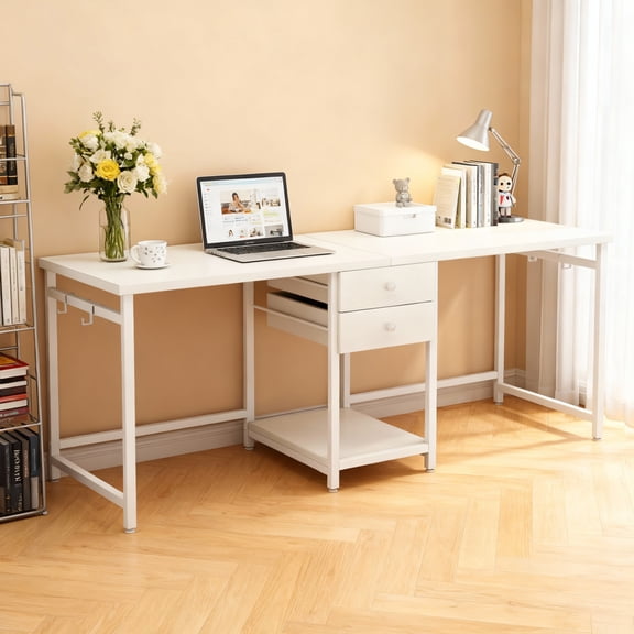 KIOOTTO 79" Two-Person Computer Desk: E0 wood, steel frame, 2 drawers, shelves, hooks. Rustic industrial style for home offices/studios.