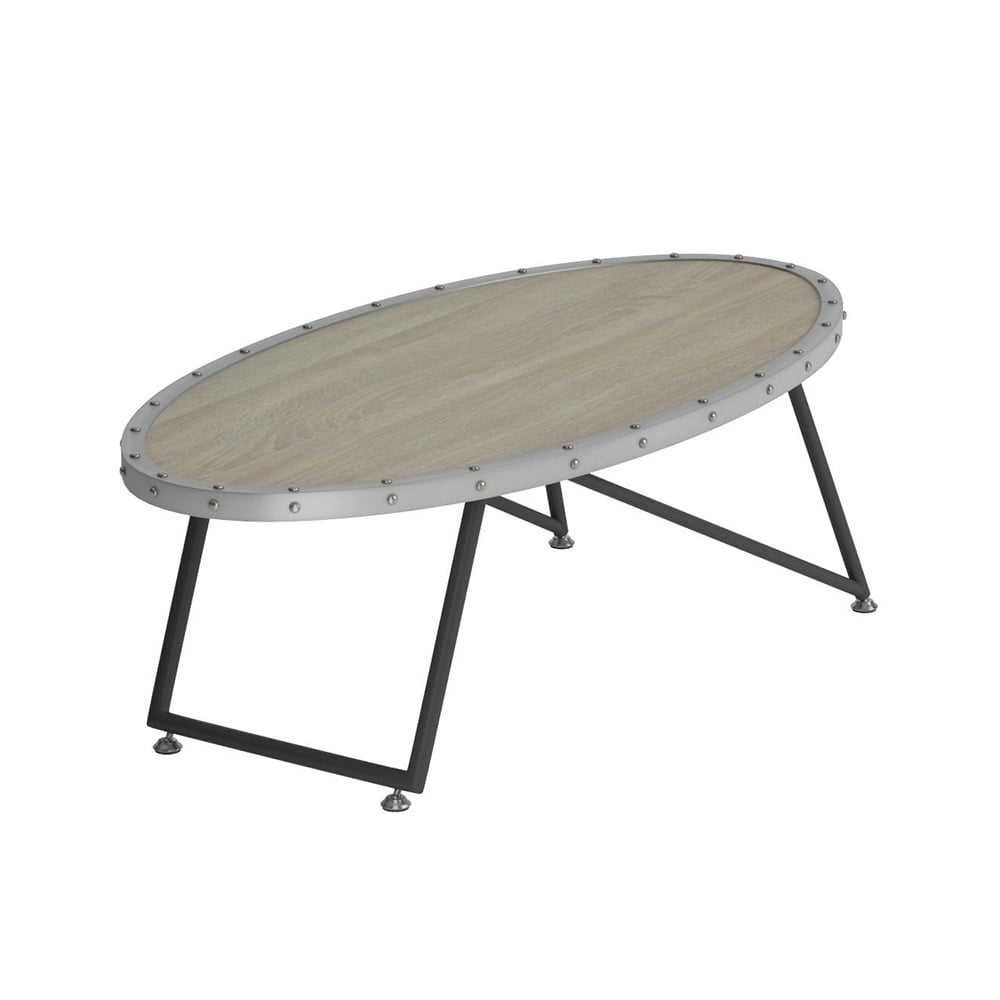 Weathered Gray Oak Oval Coffee Table with Metal Trim