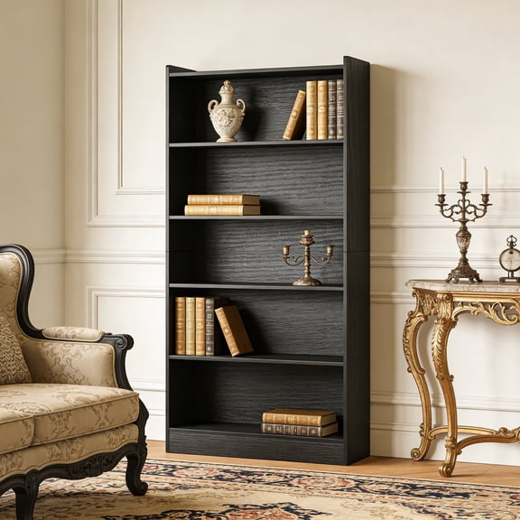 KIOOTTO Sentinel Series: 71" (180cm) Tall 6-Tier Command Library, Obsidian Matte Heavy-Duty Bookcase & Media Hub for Executive Offices and Professional Studios