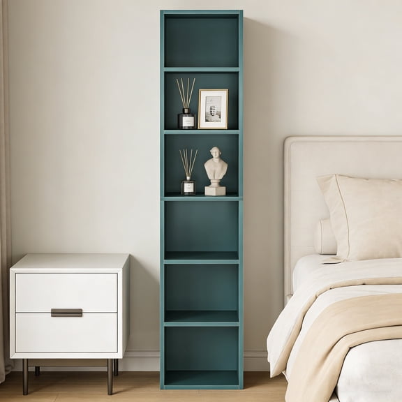 KIOOTTO 71" 6-Tier Corner Bookshelf, Blue, Metal Frame for Nursery and Library