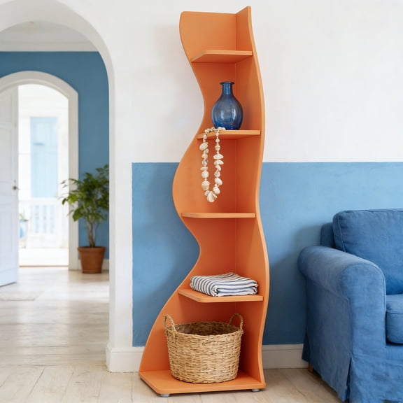 KIOOTTO Bold Orange 5-Tier Corner Bookshelf with Wavy Design, 69.8 Inch Tall Statement Plant Stand & Bookcase for Living Room, Home Office Decor