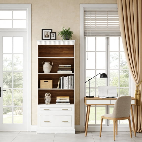 KIOOTTO 73" 5-Tier Bookcase, White for Office and Library