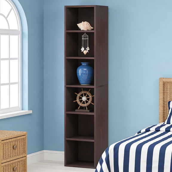 KIOOTTO Heritage Series: 71" (180.5cm) Tall 6-Tier Vertical Corner Gallery, Royal Black Cherry Wood Artisan Cube Shelf, Professional Space-Optimizing Storage Tower for Classical Interiors