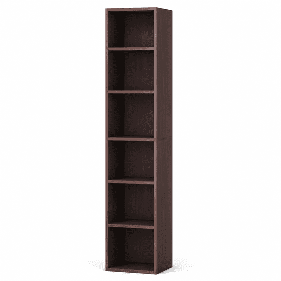 KIOOTTO Tall Narrow Bookcase with Six Open Compartments, Black Cherry
