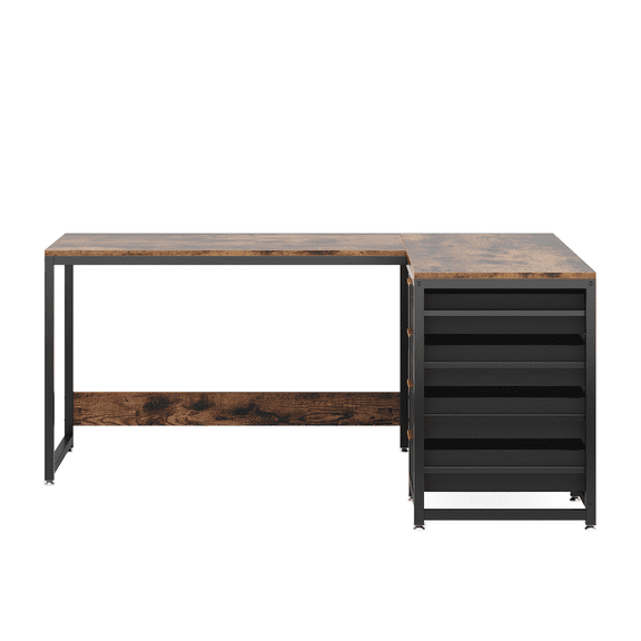KIOOTTO L Shaped Computer Desk with Drawer Storage, Brown and Black