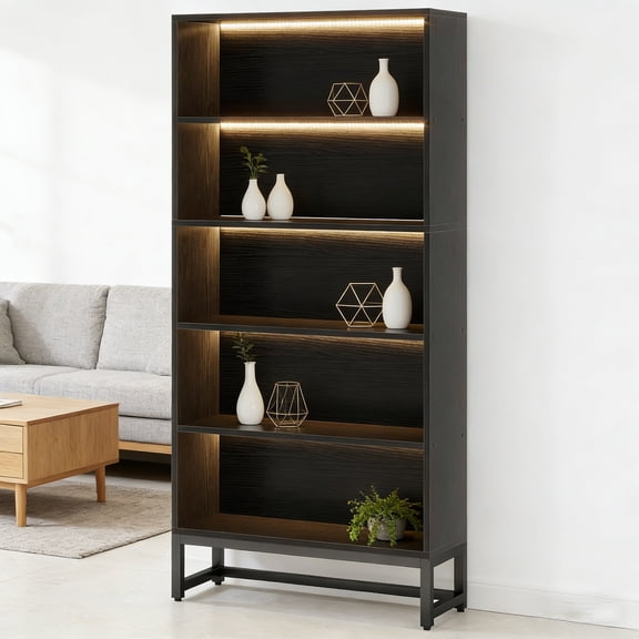KIOOTTO LED Lit Bookshelf, 71" 5-Tier Black Bookcase with Integrated Lighting & Heavy Duty Shelves for Display & Office