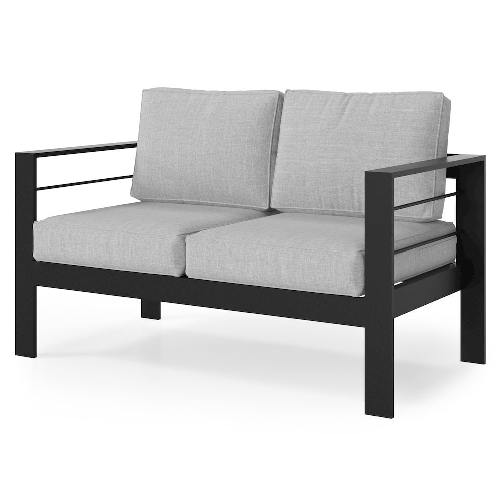 Modern Black Aluminum Outdoor Loveseat with Light Gray Cushions