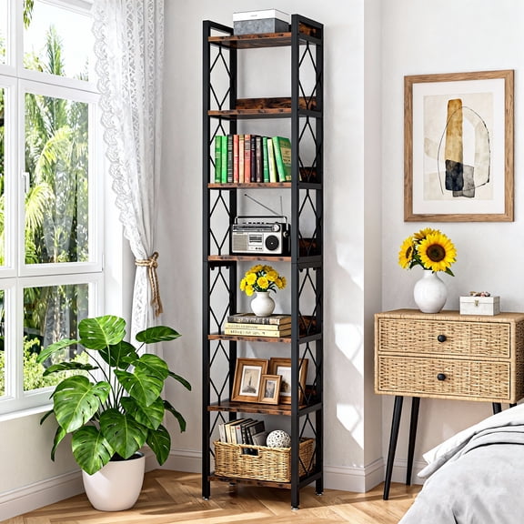 KIOOTTO Rustic Industrial Display Rack,69" 6-Tier Bookcase with 8 Shelves for Collectibles,Plants,Living Room Decor