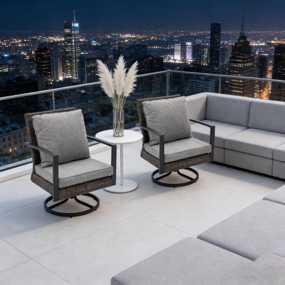 KIOOTTO Set of 2 Gray Swivel Rocker Patio Chairs, All-Weather Rattan with Cushions, 360 Rotating Outdoor Rocking Chairs for Deck or Porch