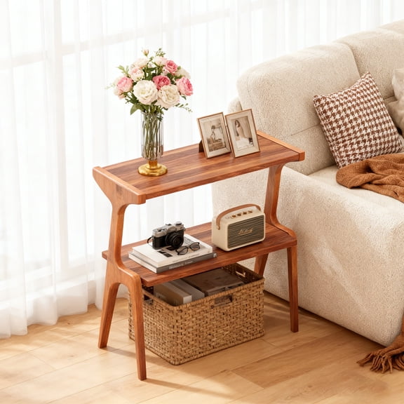 KIOOTTO 28" Cherry End Table, Narrow Solid Wood Side Table with Curved Design