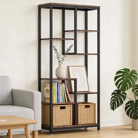 KIOOTTO 79" Architectural Vertical Gallery Bookcase, 8-Tier Asymmetric Staggered Display Tower, Professional Designer Etagere in Heritage Ironwood Oak for Executive Interiors