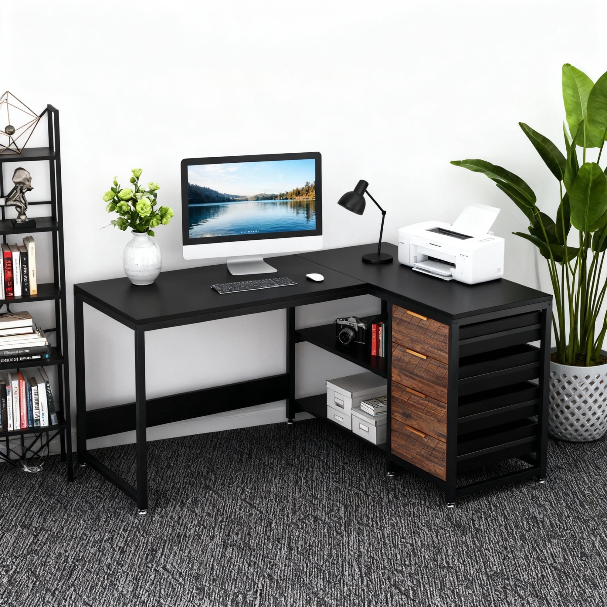 KIOOTTO 59" L-Shaped Computer Desk with 4 Drawers, Reversible Storage Cabinet and Large Corner Workstation, Brown