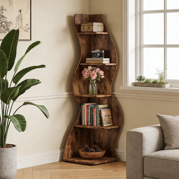 KIOOTTO Wavy 5-Tier Corner Bookshelf 69.8" Tall Rustic Wooden Corner Shelf with Adjustable Feet Space-Saving Decorative Bookcase for Living Room, Bedroom, Home Office, Brown