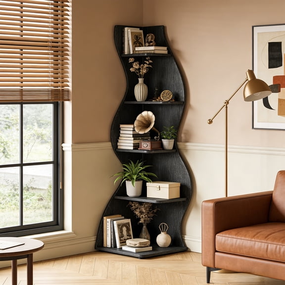 KIOOTTO Wavy Design 5-Tier Corner Shelf, 69.8 Inch Tall Black Bookshelf Plant Stand for Small Spaces - Modern Display Unit for Living Room, Bedroom, Office