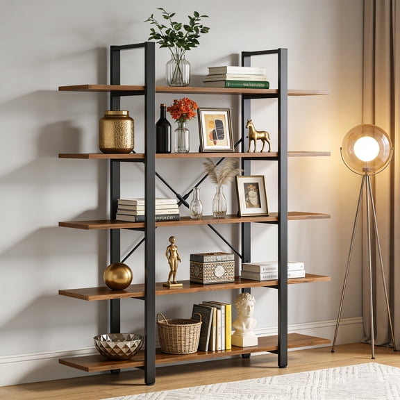 KIOOTTO Master-Library Series: 70" (178cm) Tall 5-Tier Wide-Body Bookcase, Toasted Bourbon Oak Artisan Surface with 47" (120cm) Architectural Reinforced Steel Frame