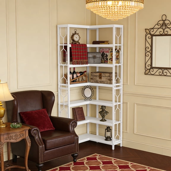 KIOOTTO 78.7" 7-Tier Corner Bookshelf, White, Metal Frame for Living Room and Home Office